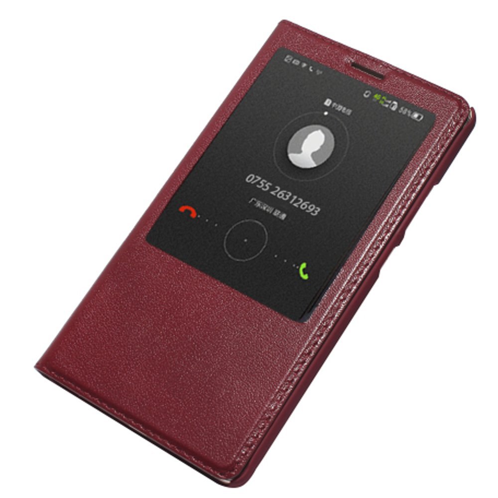WOOZU 沃卒 华为Mate8真皮手机壳，轻薄修身，智能视图窗口手机保护真皮气质壳 (红)